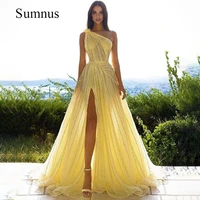 sumnus yellow prom dress 2022 one shoulder sequined tulle side split sexy party gowns a line dubai evening dress long customized
