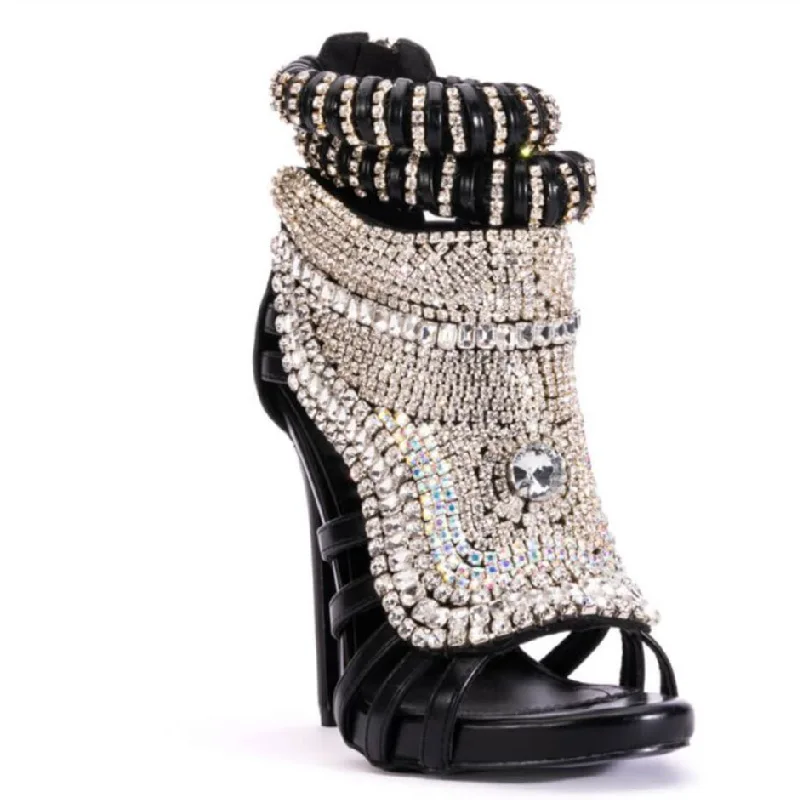 Bling Rhinestones Luxury Roman Boots Sandals Nude Color Leather Open Toe Cover Heels Zip Stiletto Female Designer Shoes Summer