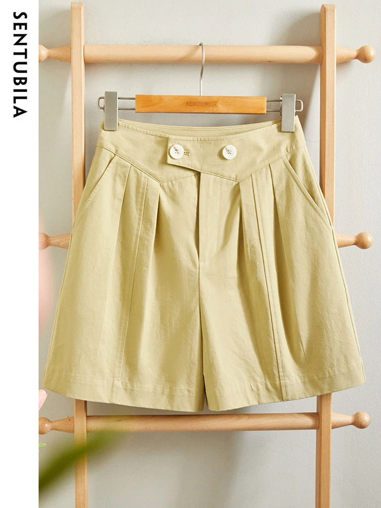 Sentubila 100% Cotton Casual Shorts for Women Fashion 2023 Straight Wide Leg High Waist Summer Pleated Short Pants with Pockets