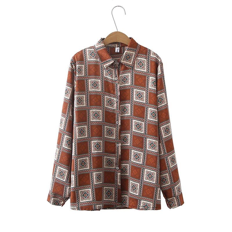 

2022 Woman Spring&Autumn Chic Ethnic Print Long Sleeve Satin Rayon Shirt
