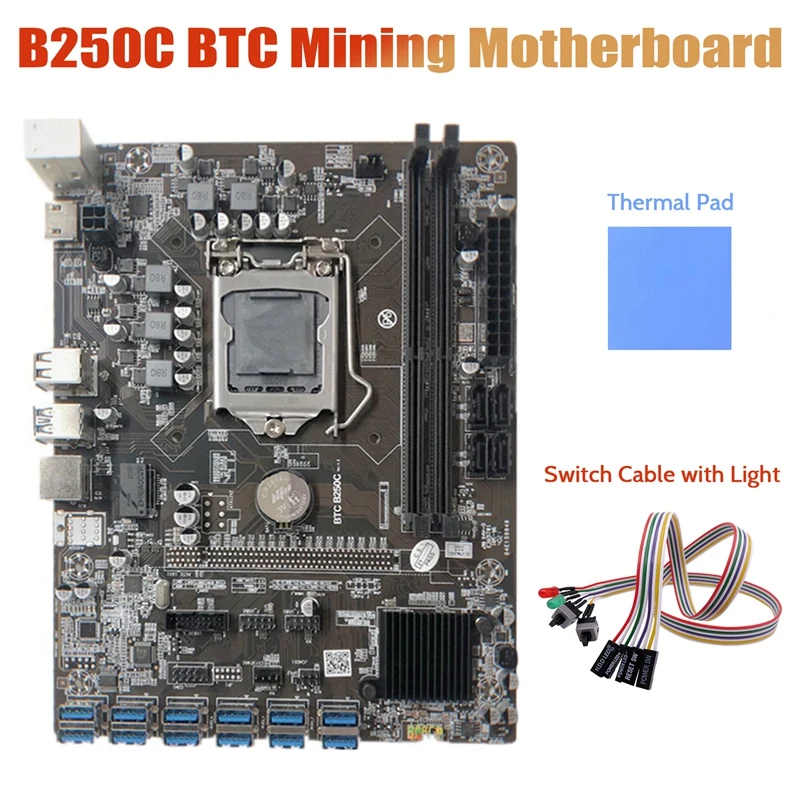 

B250C Miner Motherboard+Dual Switch Cable With Light+Thermal Pad 12 PCIE To USB3.0 Graphics Card Slot LGA1151 DDR4