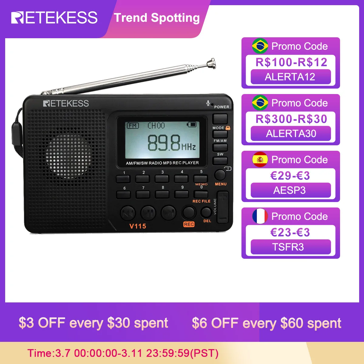 

RETEKESS V115 Radio AM FM SW Pocket Radio Shortwave FM Speaker Support TF Card USB REC Recorder Sleep Time