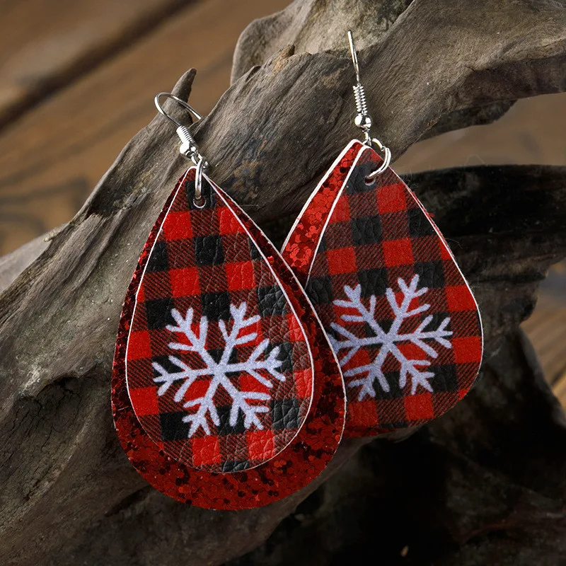 

Buffalo Plaid Black and Red Glitter Snowflake Holiday Earrings for Women Girls Christmas Gift Xmas Leather Earrings Cute Jewelry