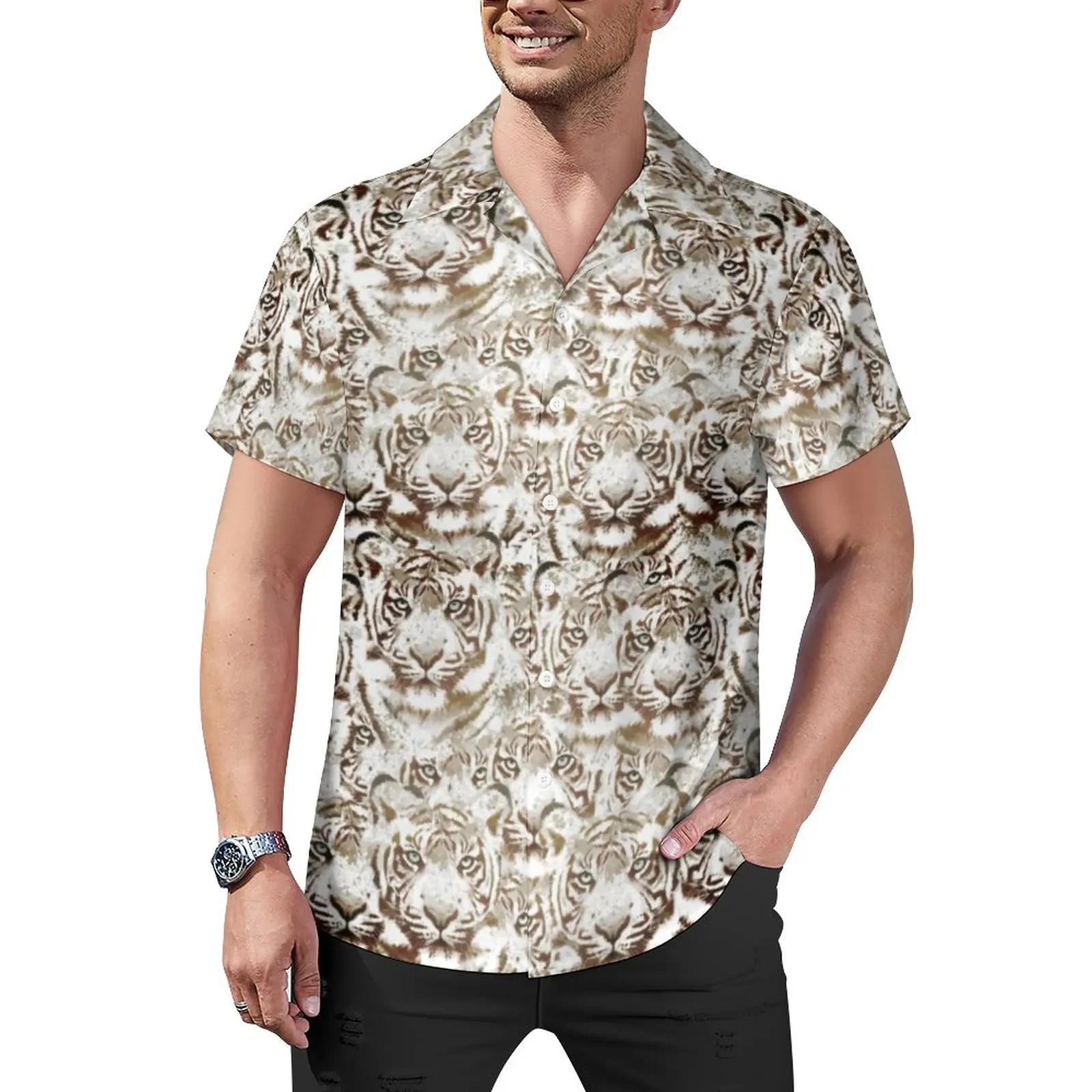 

Блузка мужская оверсайз с рисунком тигрового лица, Повседневная рубашка, гавайская пляжная сорочка с коротким рукавом, с графическим принтом, белая и коричневая, Y2K, идея для подарка