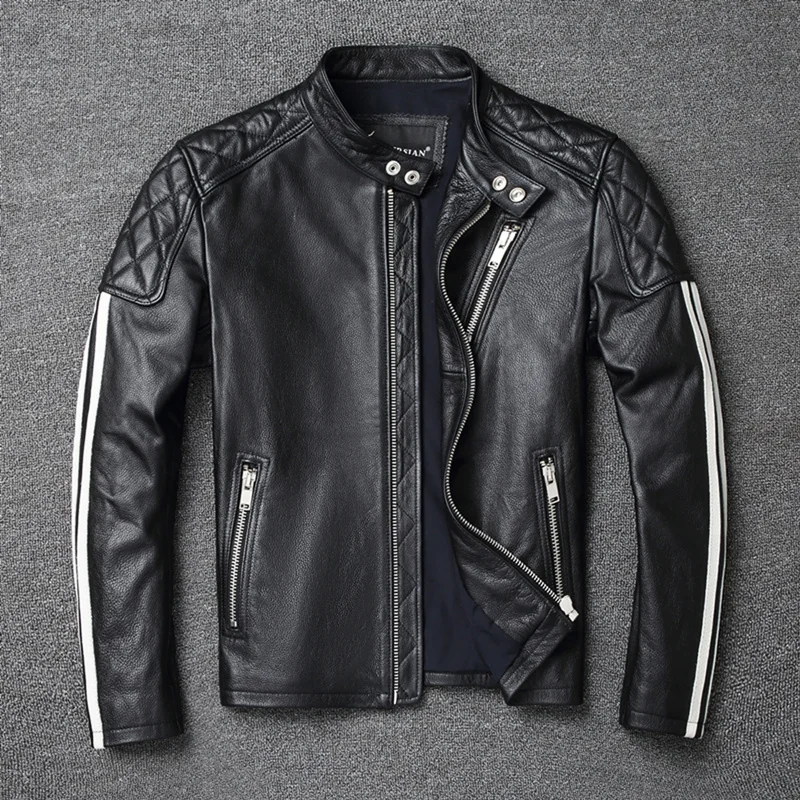 

Men's Stand Collar Jacket Genuine Cowhide Leather Jackets Slim Fit Male Natural Skin Spring Clothing Coat