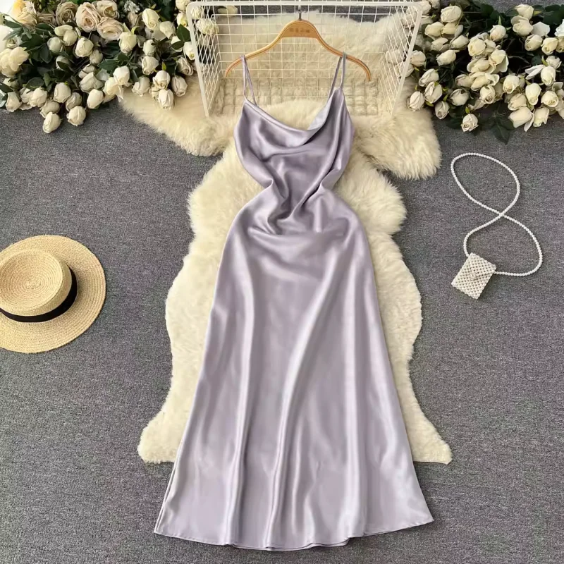 

Elegant Sexy Satin Swing Neck Strap Dress Women High Quality Summer Temperament Slim Waist Wrap Hip Long Dress Women Party Dress