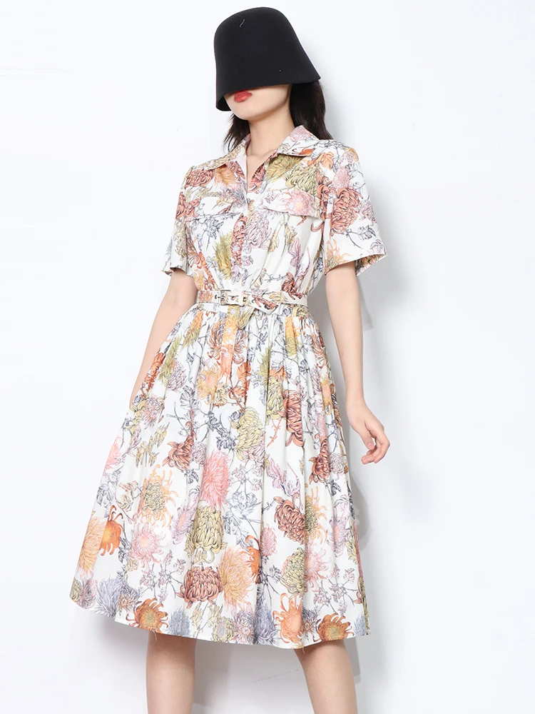 Loose Vintage Floral Women  Dress  Lapel Short Sleeve  Summer  Print Colorblock Midi Dresses Female Clothing Style New