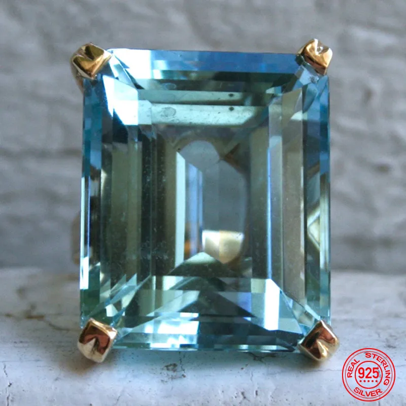 

925 Sterling Silver Aquamarine Gemstone Ring For Women Fashion Party Jewelry Gifts Wholesale