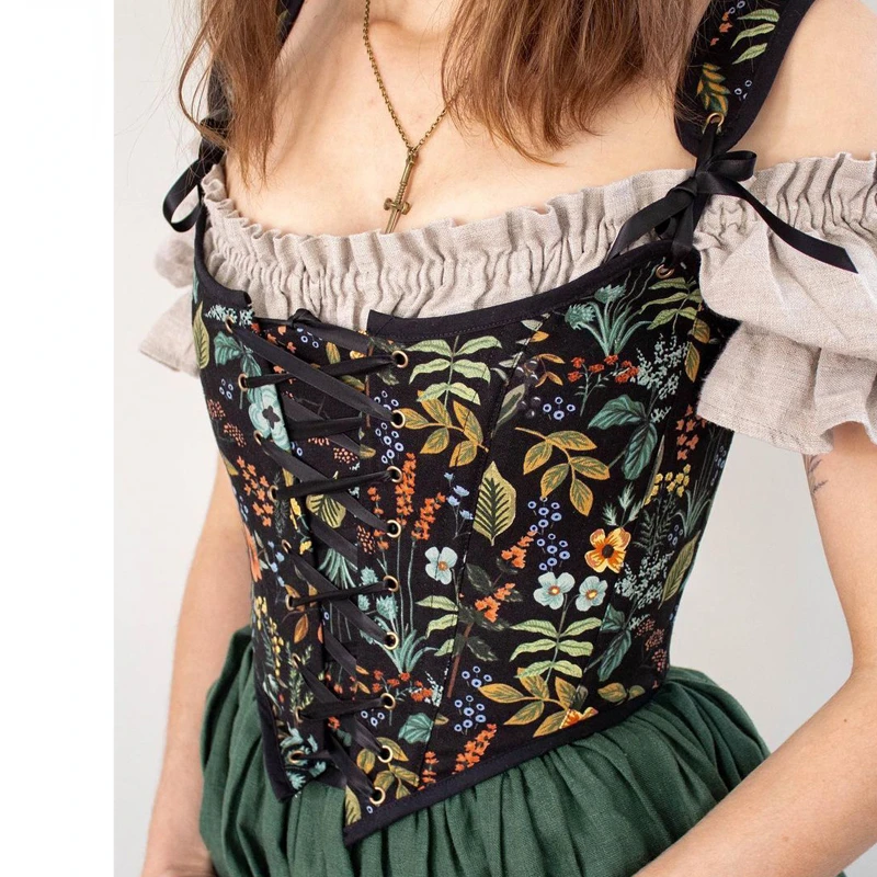 

Floral Print Vintage Corset Women Lace Up Buister Crop Top Sleeveless Bandage Tank Top Sexy Chest Binder Camisole Mujer