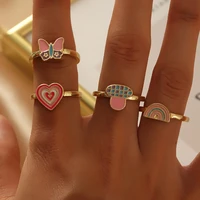 ins sweet candy enamel rainbow butterfly rings for women trendy copper plated oil dripping rings girls love heart rings jewelry