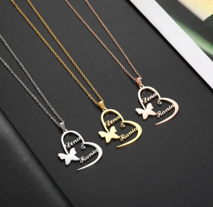 Custom Name Necklace Romantic Heart Butterfly Shape Pendant Personality Fashion Stainless Steel Cutting Nameplate Jewelry Lady