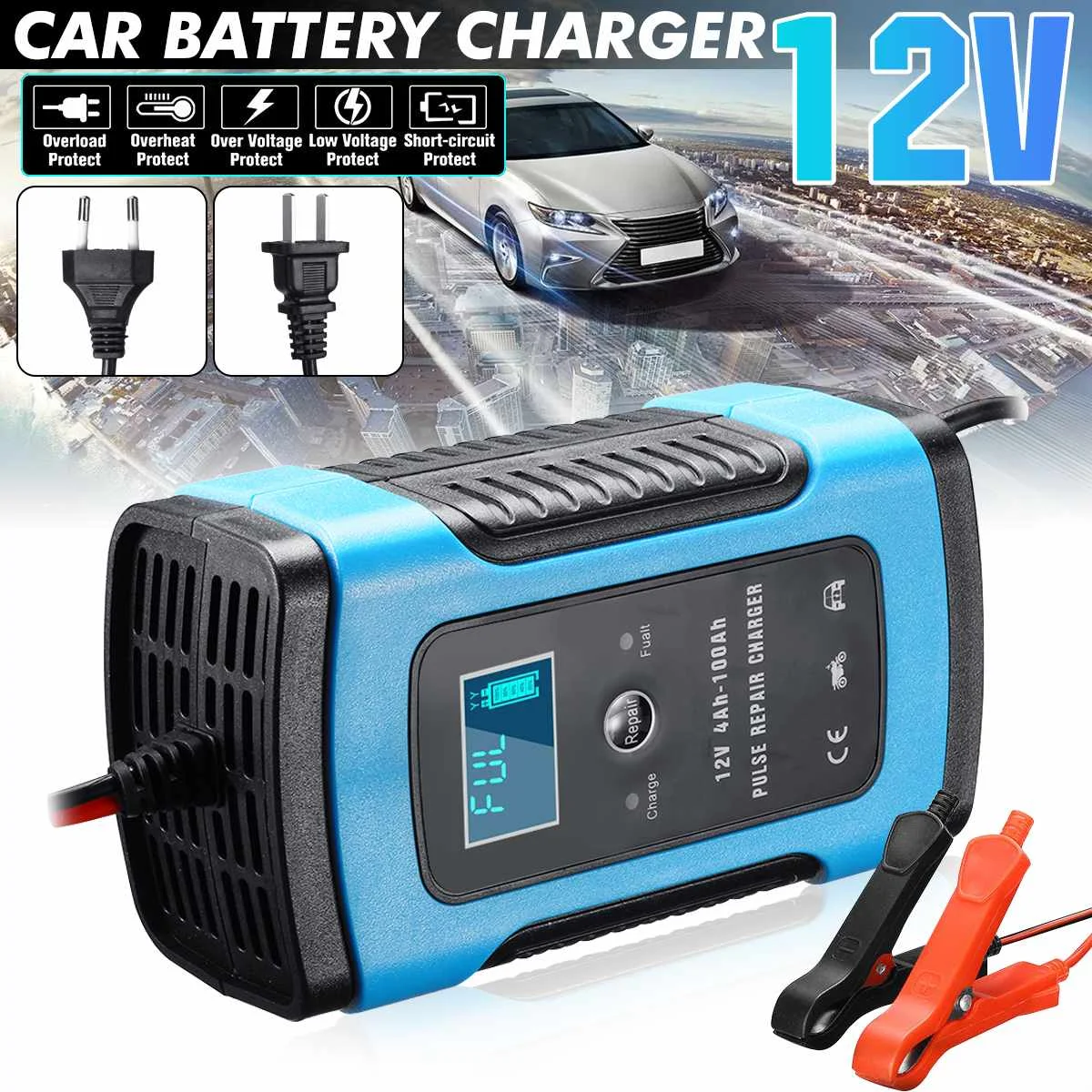 Car Battery Charger 12V 6A Fully Automatic Intelligent Power Pulse Repair Battery Charger LCD Display Lead Acid Battery Charger
