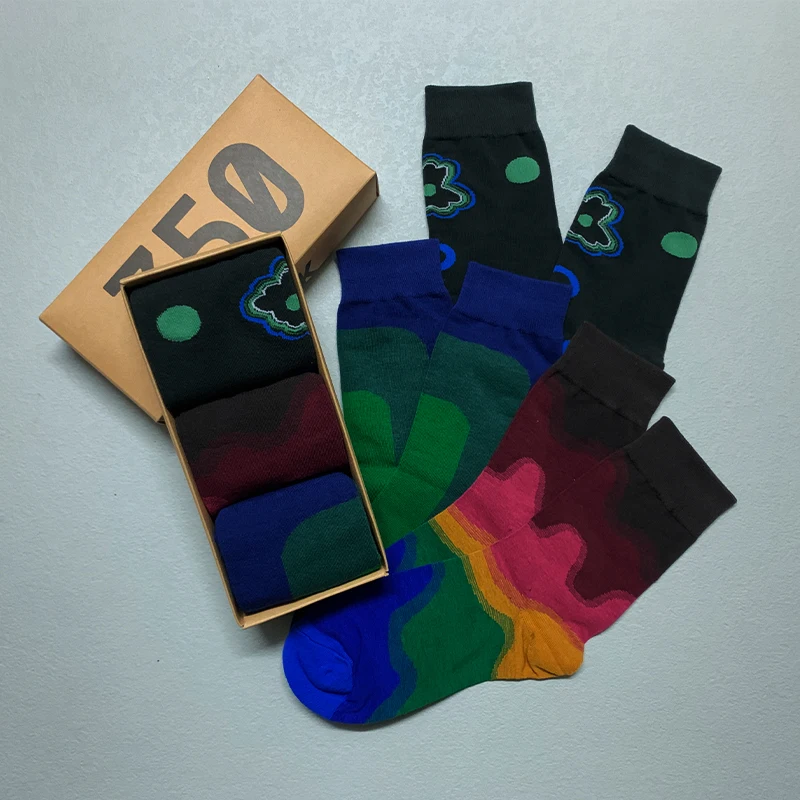 3 Pairs/Box Funny Gradient Paint Stockings Cotton Harajuku Soft Niche Streetwear Skateboard Long Pack Gifts for Men Women Socks