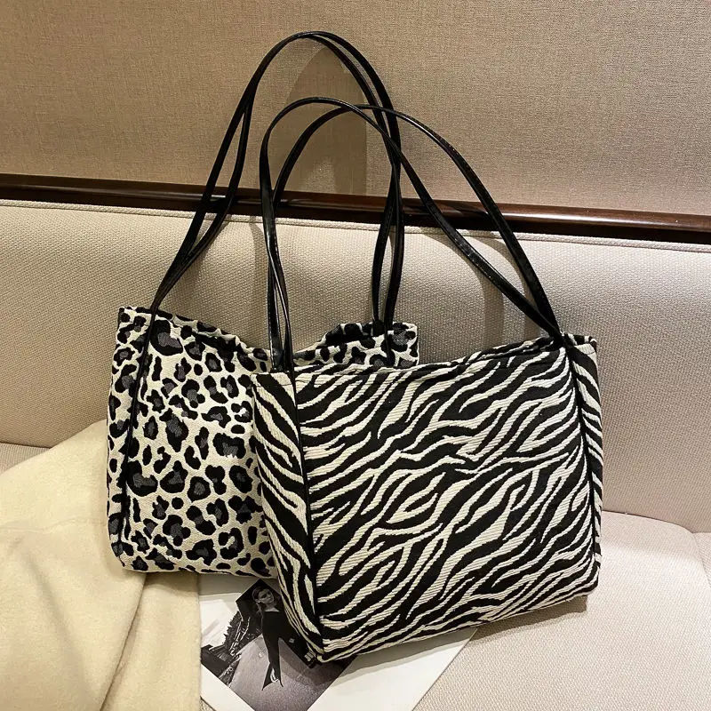 

Simple Retro Handbag for Women New Zebra Leopard Canvas Bag Large-capacity Ladies Female Student's Shoulder Underarm Bags