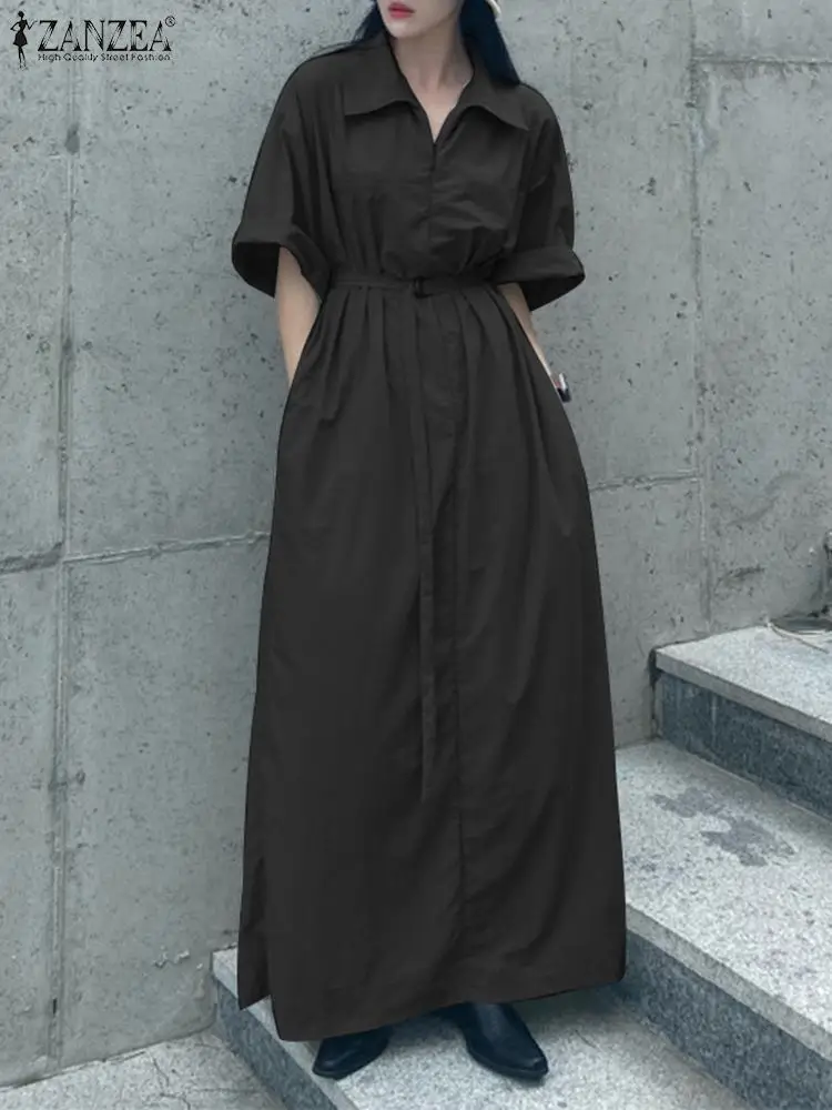 

ZANZEA 2023 Summer Lapel Neck 3/4 Sleeve Loose Sundress Robe Femme Elegant Work Vestido Oversize Women Casual Long Shirt Dress
