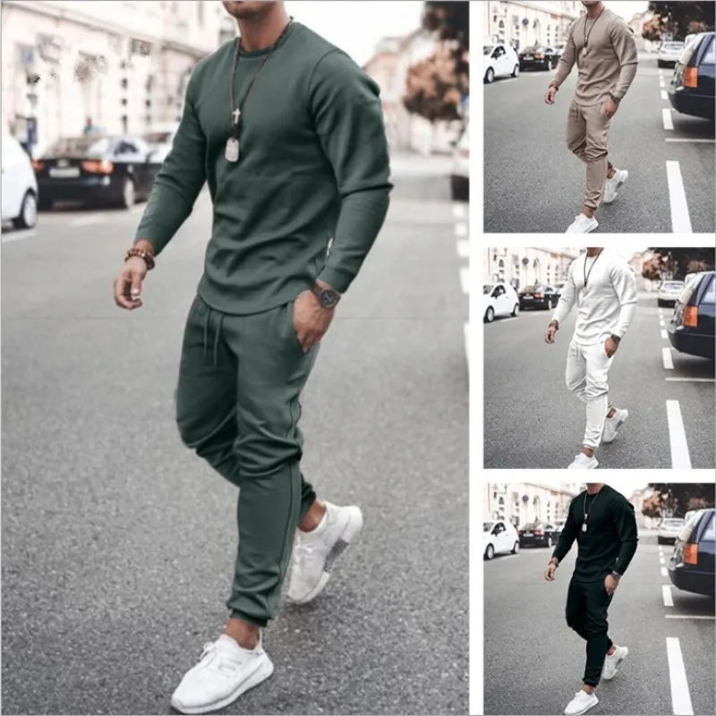 2023 New Spring and Autumn Men's Casual Suit Solid Color Crewneck Pullover Long-Sleeved Trousers Sportswear 2-Piece Set