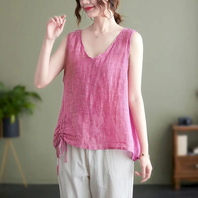 Хлопковые льняные жилеты женские летние корейские стильные повседневные