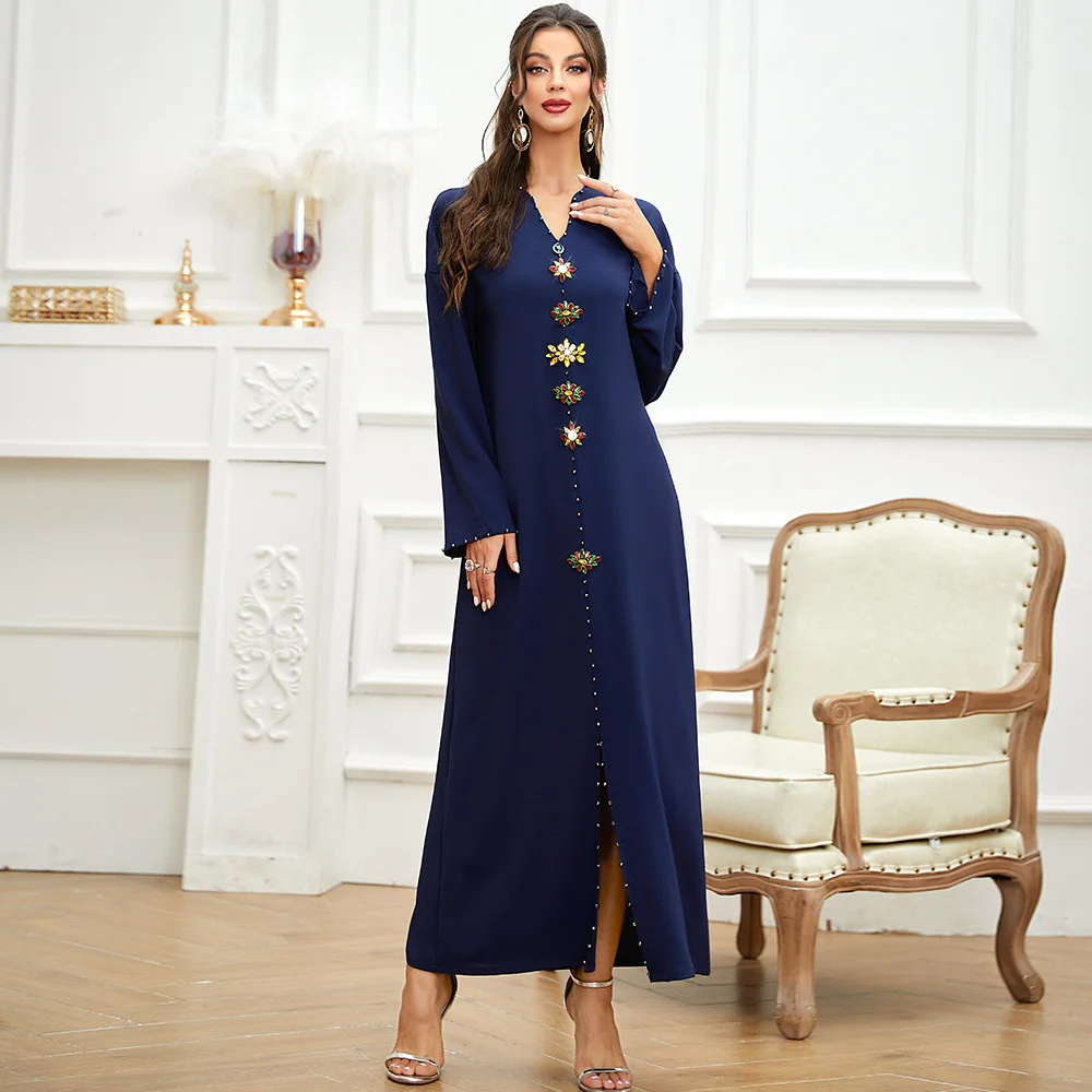 

Muslim Women's Tailored Diamond Gown With Neckline New Navy Blue, Showing Thin Temperament, Gowns, Women's Clothes Are Versatile