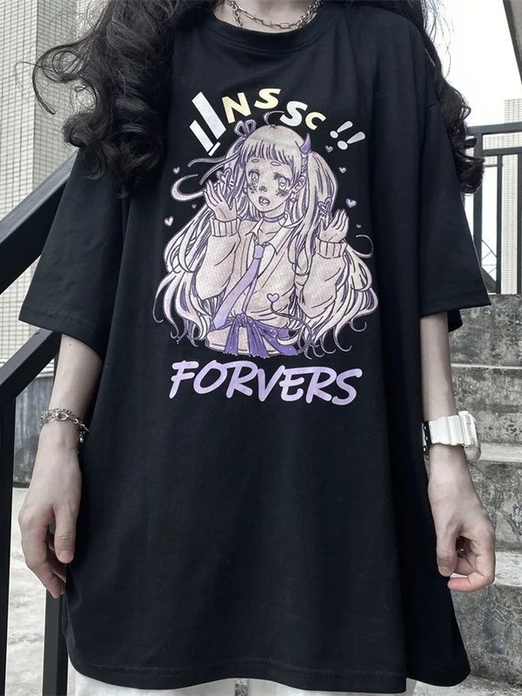 

Deeptown Women T-shirt Japanese Anime Print T Shirt Kawaii Cartoon Girl Short Sleeve Street Harajuku Graphic Tees Tops for Women