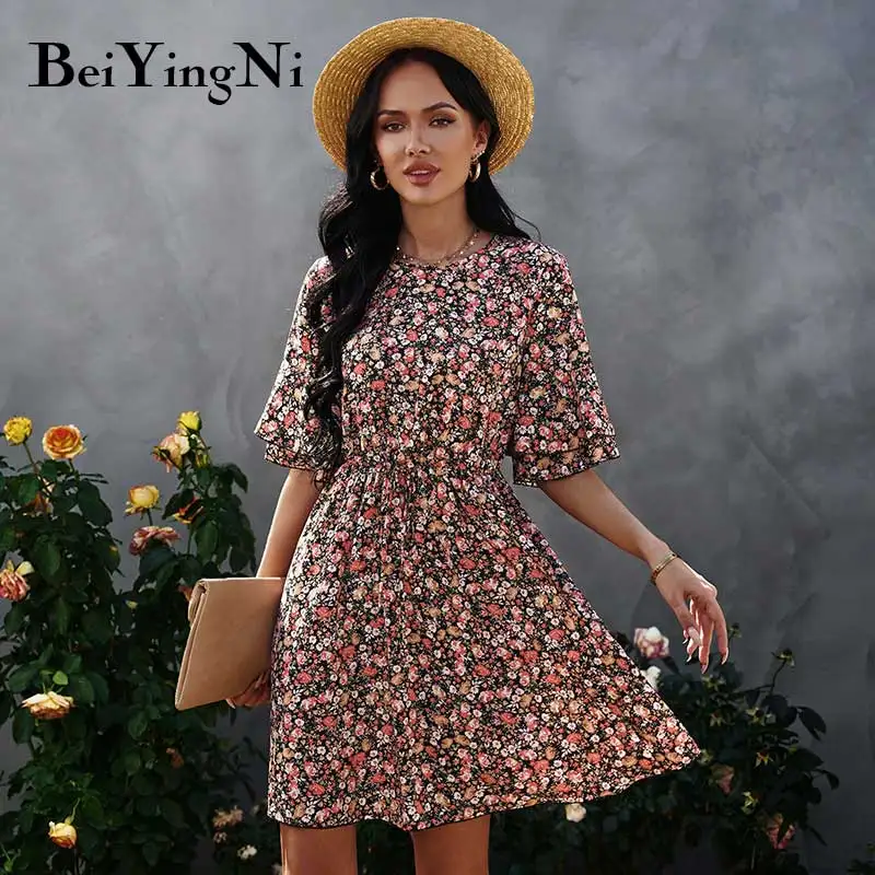 

Beiyingni Women's Chiffon Printing Flower Dresses V-neck Half Sleeve Summer A-line Dress Casual Vintage Boho Female Vestido 2022
