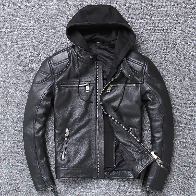

YR!Free shipping.motor biker genuine leather jacket.New winter black cowhide coat.plus size warm leather jackets,sales