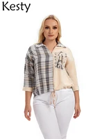 kesty womens plus size shirt spring cotton 34 sleeve shirt slim fit casual lapel fashion top