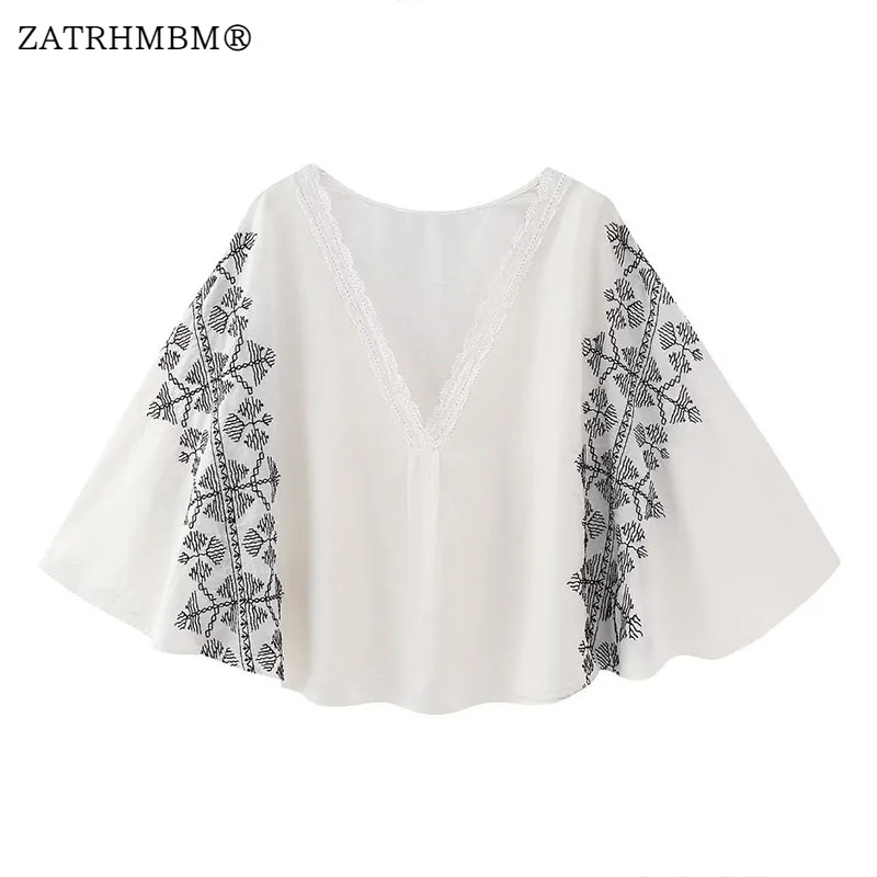 

ZATRHMBM Женская коллекция весна 2023, модная блузка из смеси льна с вышивкой, винтажные женские рубашки с V-образным вырезом и длинным рукавом, блузы, шикарные топы
