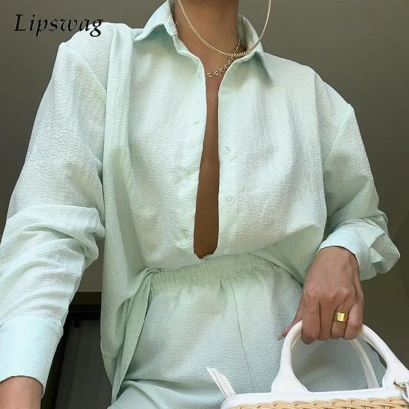 

Elegant Long Sleeves and Shorts Outfits Women Sexy Turn-down Collar Button Shirts Suits Office Lady Casual Loose Two Piece Sets
