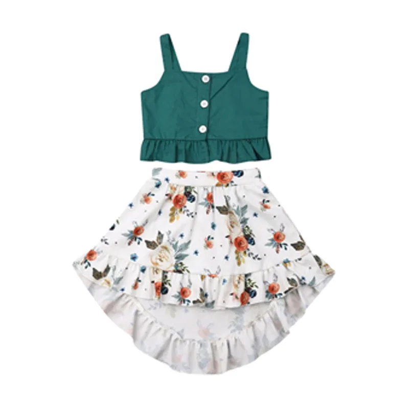 

Pudcoco 1-5Y 2Pcs Summer Holiday Toddler Baby Girl Kid Outfit Clothes Set Sleeveless Green Tops Tank+Floral Skirt Beach Suit Hot