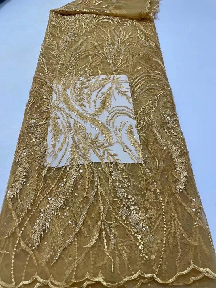 

Золотая африканская сетчатая кружевная ткань, вышитая ткань 2022, Высококачественная французская Тюлевая кружевная ткань с бусинами