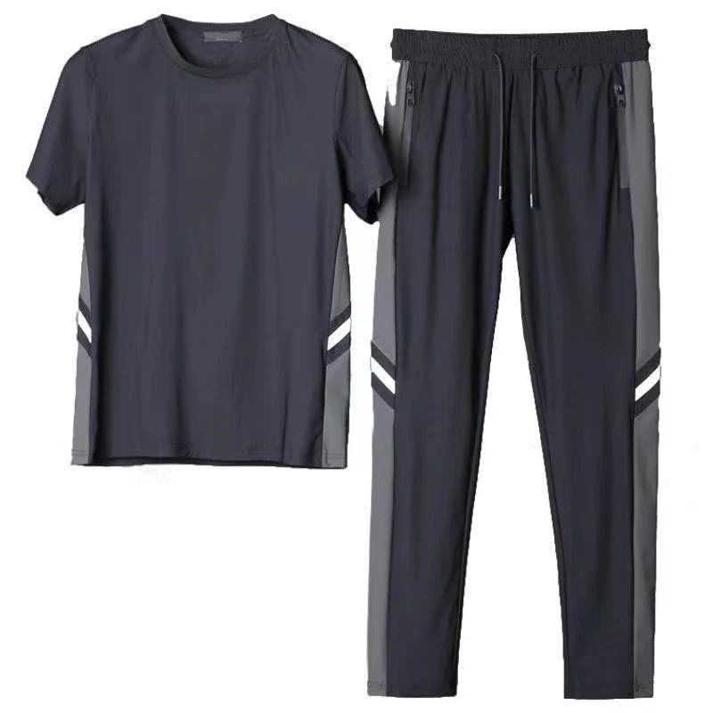 Summer Men's Casual Sports Set Ultrathin Quick Dried Ice Silk Top T-shirt+Pants Thin Casual Sports Men's Set