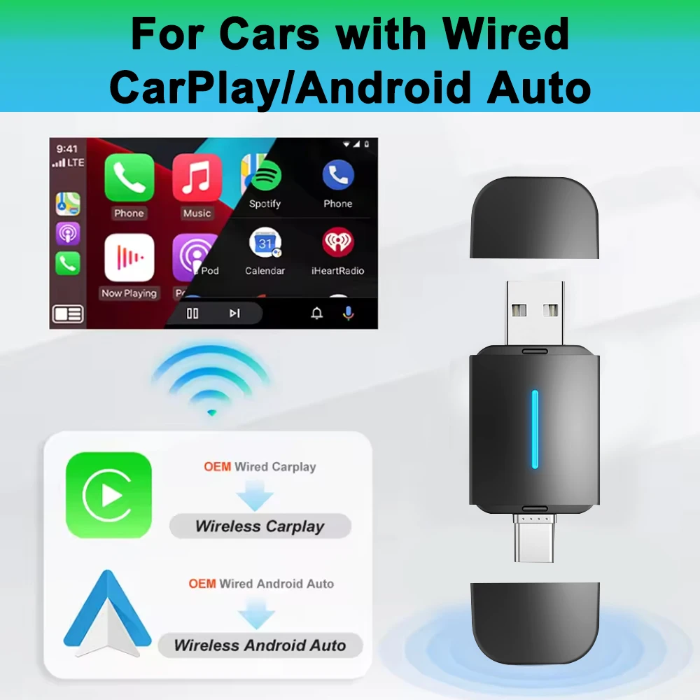 

Беспроводной адаптер Carplay Android Auto Smart Dongle 2 в 1 для проводного подключения CP AA Plug & Play