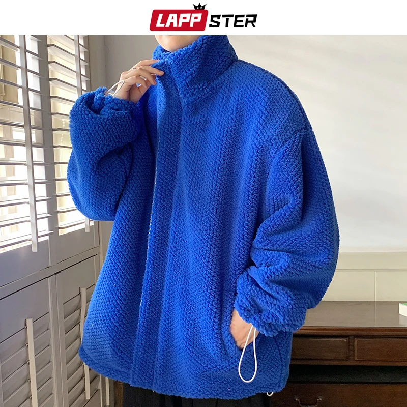 LAPPSTER Y2k Fleece Parkas Streetwear Leather Lambswool Winter Jacket 2022 Windbreaker Hip Hop Zipper Coat Double-sided Clothing