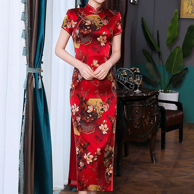 

Short Sleeve Chinese Style Silk Formal Cheongsam Printed Side Split Party Gown Retro Long Qipao Dress Vintage Orient Vestidos