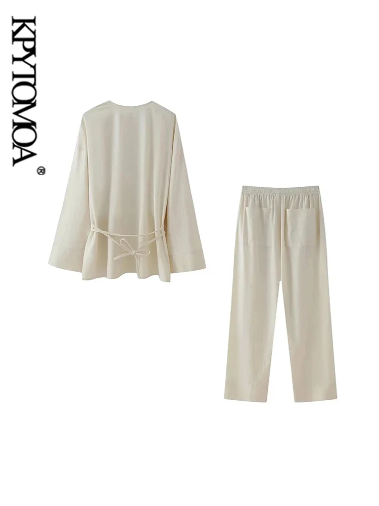 KPYTOMOA Женское Текстурированное Кимоно Комплект Из Блузки И Брюк