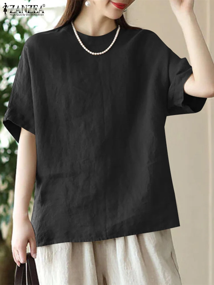 Летняя Повседневная хлопковая блузка ZANZEA с коротким рукавом и круглым вырезом