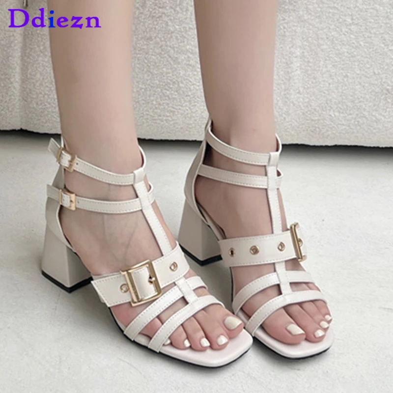 

2023 Women Pumps Sandals Shoes Slides Square Toe Fashion Gladiator Summer Ladies Black Casual Shoes For Female Zipper High Heels