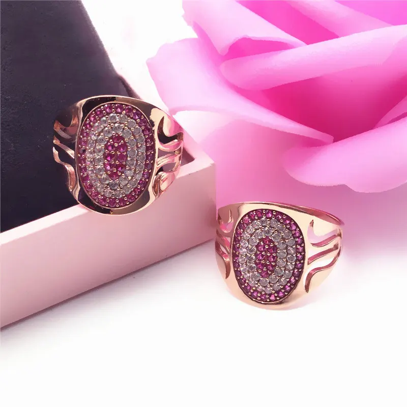 

585 purple gold 14K rose gold inlaid round pink crystal wedding rings for couples wide open design romantic luxury jewelry