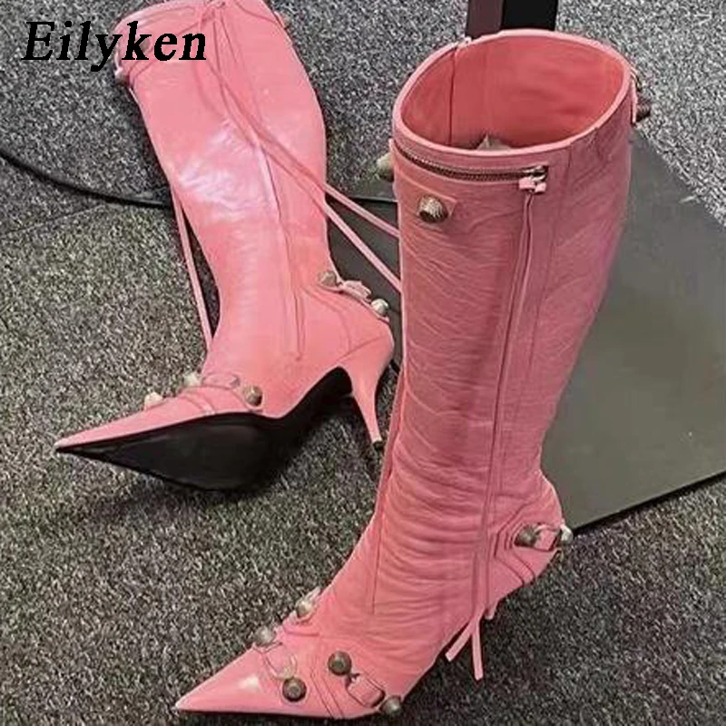 

Eilyken/модные стильные женские сапоги до колена; Пикантная обувь с острым носком и заклепками; Обувь на молнии с ремешком и пряжкой; Обувь для вечеринок; Большие размеры 34-43