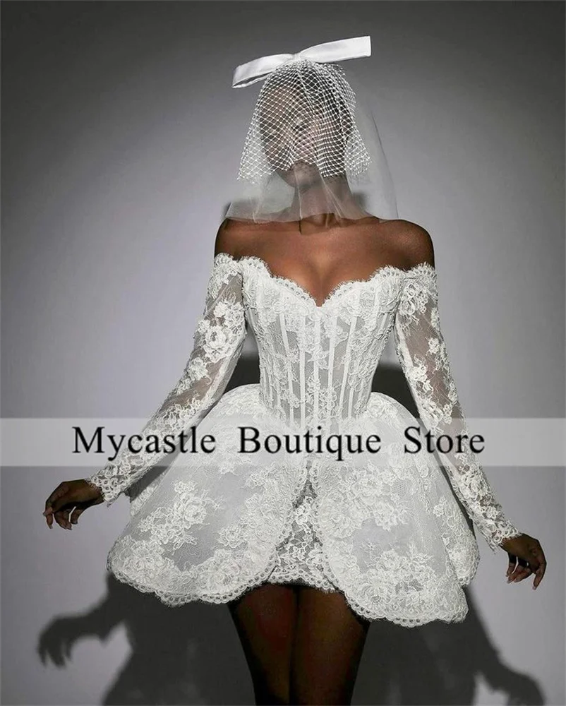 

New Arrivals White Lace Ball Gown Short Prom Dresses 2023 Off Shoulder Long Sleeve Cocktail Dress Formal Birthday Party Dress