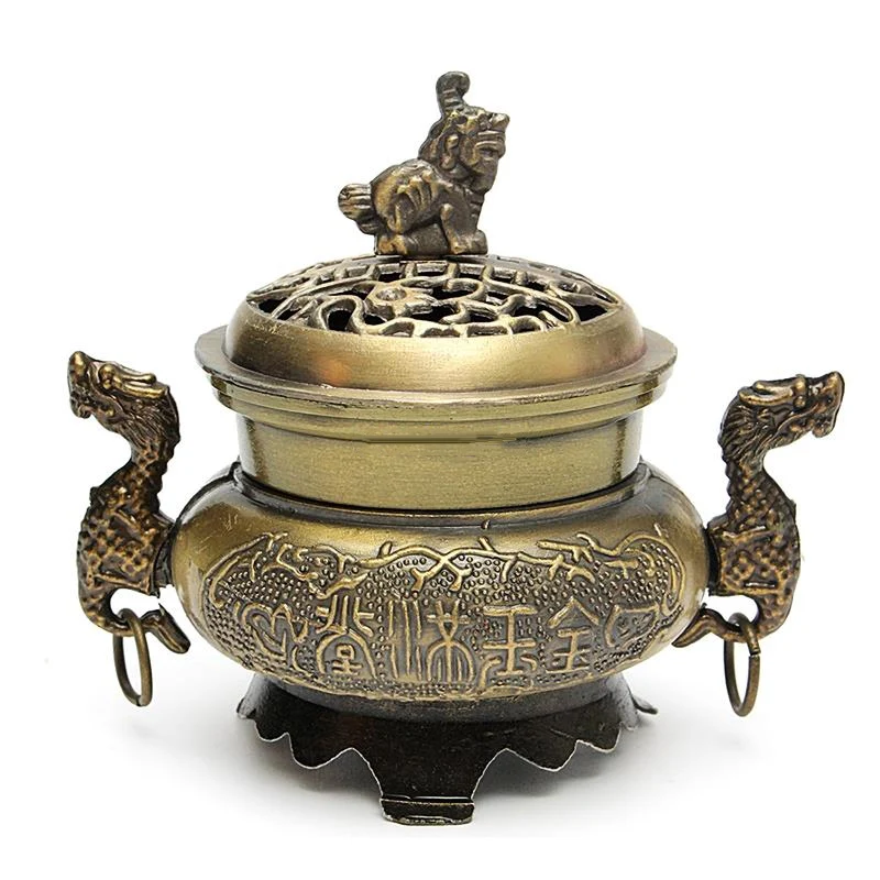 

Alloy Incense Burner Double Dragon Style Hollow Cap Censer Cone Holder Decor Sandalwood Coil Base Temples Studios Home Decor