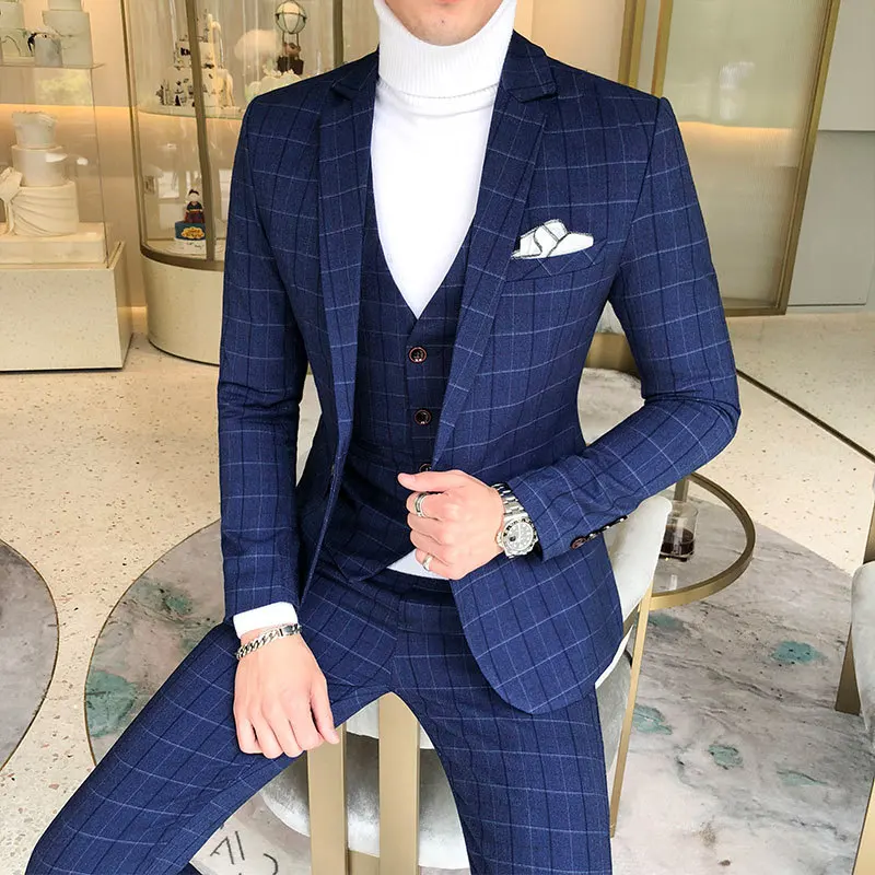 Luxury Men Slim Fit Check Suit Men Business Office Formal Suits 3 Pcs Set Blazers Pant Casual Wedding Social Tuxedo Dress Homme