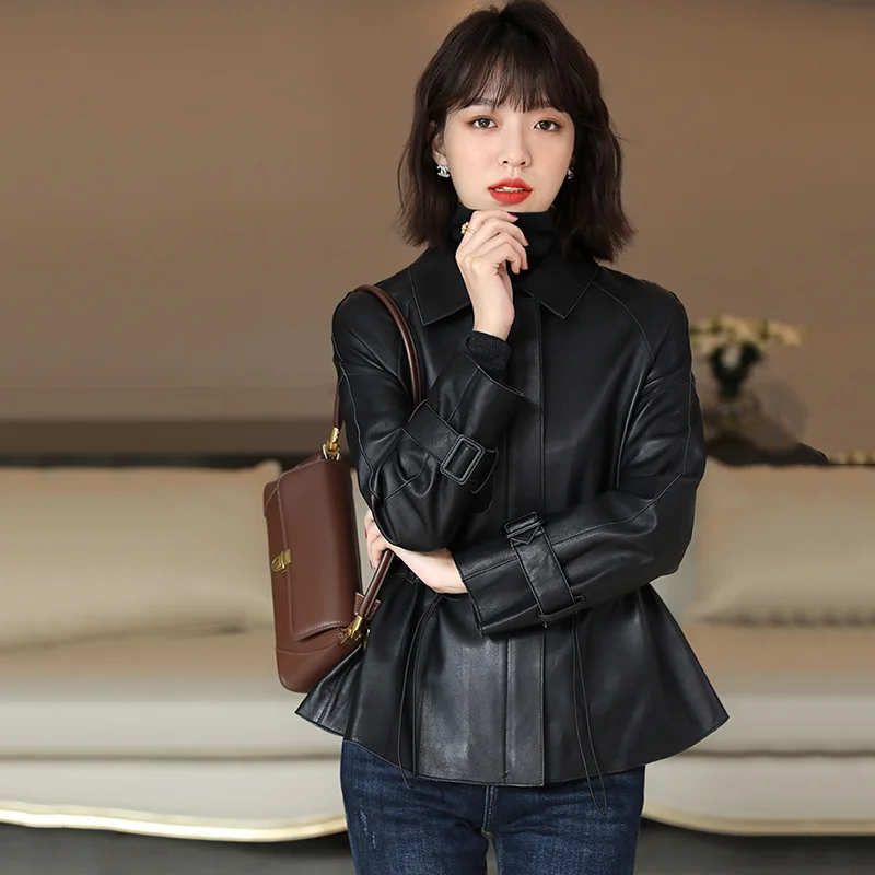 

Sheepskin Leather Coat Women's Spring Simple Short Drawstring Waist Closing Dropped Shoulder Sleeves Genuine Leather Jacket 2022