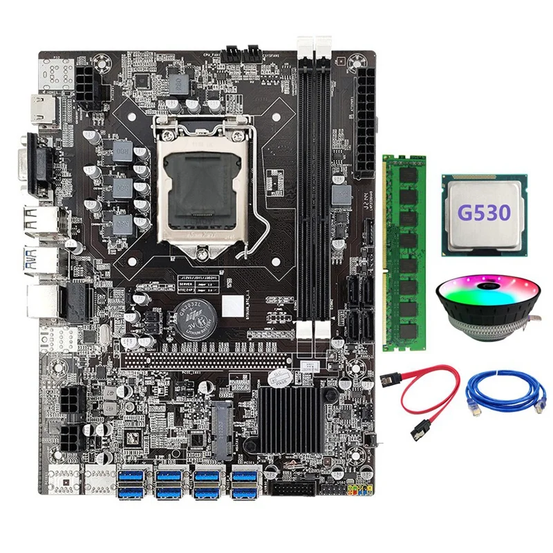 

B75 ETH Mining Motherboard 8XPCIE To USB LGA1155 DDR3 4GB 1600Mhz+Cooling Fan+RJ45 Network Cable+G530 CPU BTC Miner