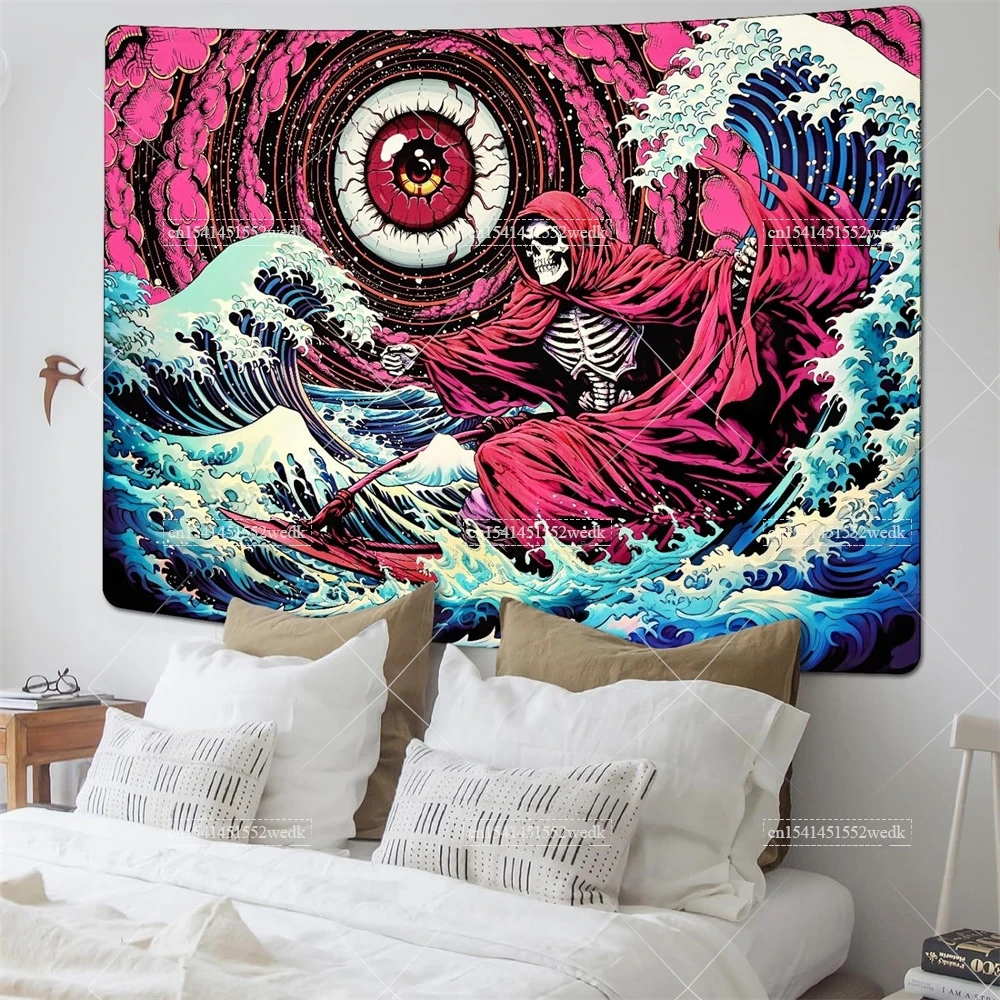 Готический настенный гобелен с черепом и волнами в японском стиле