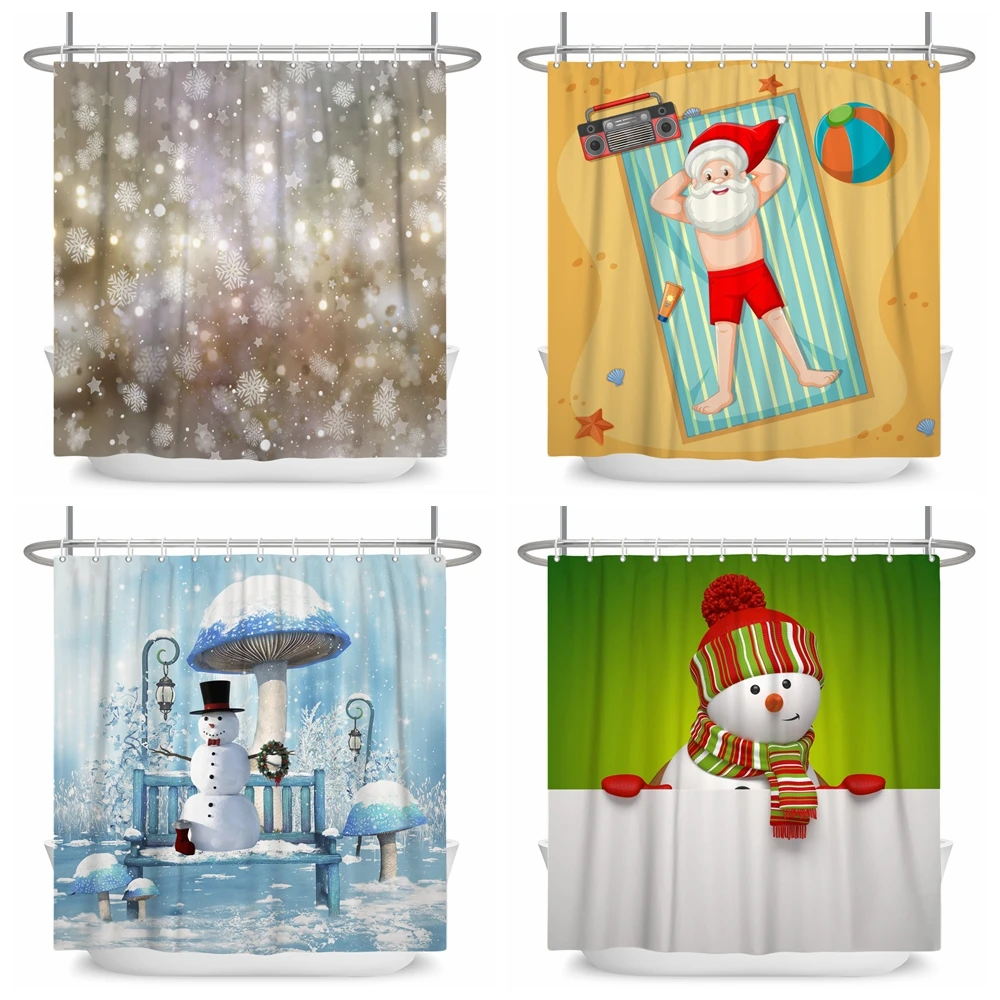 

Funny Santa Claus Shower Curtains Waterproof Bath Curtain Christmas Snowflake Snowman for Bathroom Home Decor with Hooks