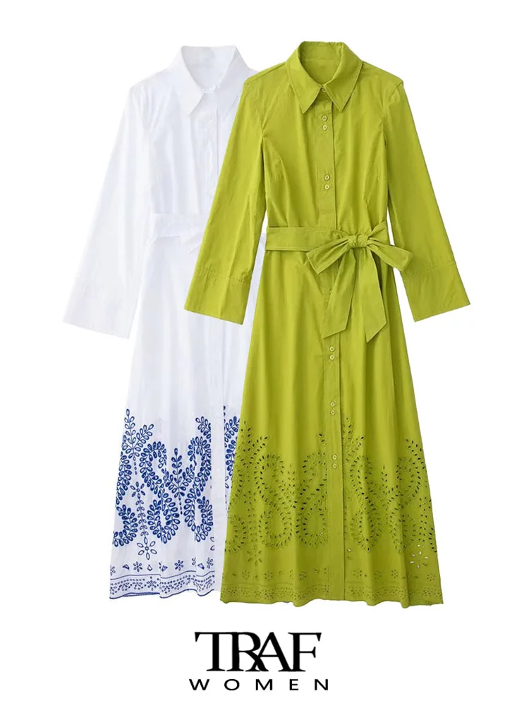 

TRAF Women Fashion With Belt Cutwork Embroidery Midi Shirt Dress Vintage Long Sleeve Button-up Female Dresses Vestidos Mujer