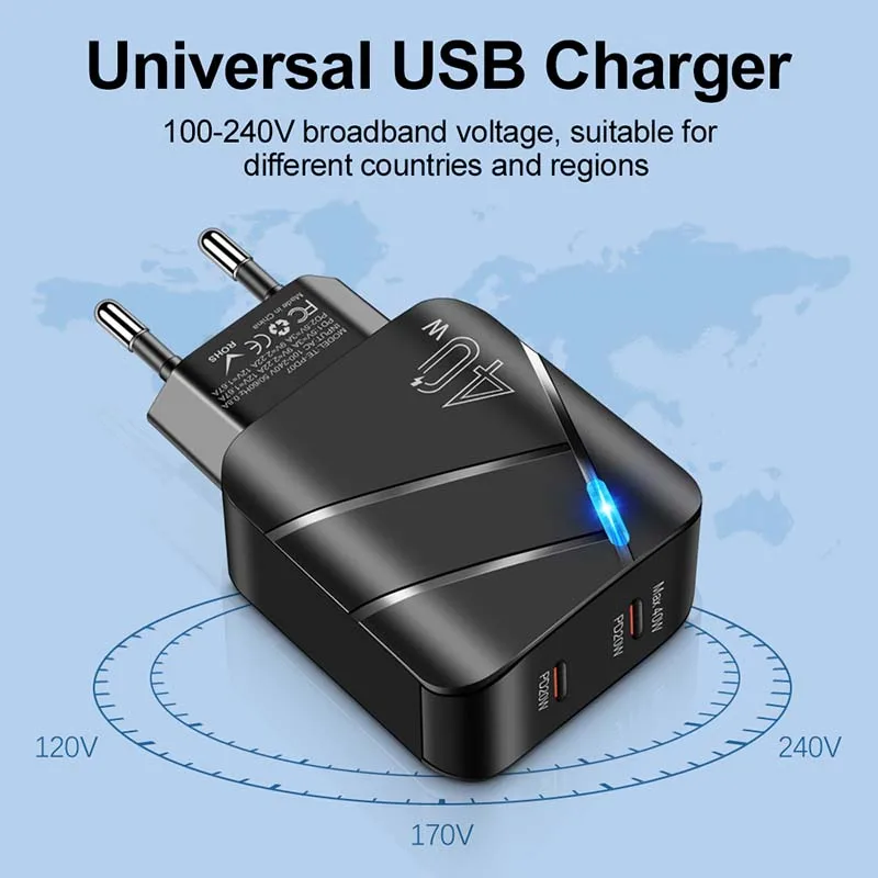 Фото Зарядное устройство PD с 2 портами USB Type-C, 40 Вт, адаптер для iPhone 14, 13, 12, Xiaomi, Samsung, Huawei, QC 3,0, зарядное устройство USB C для быстрой зарядки №3