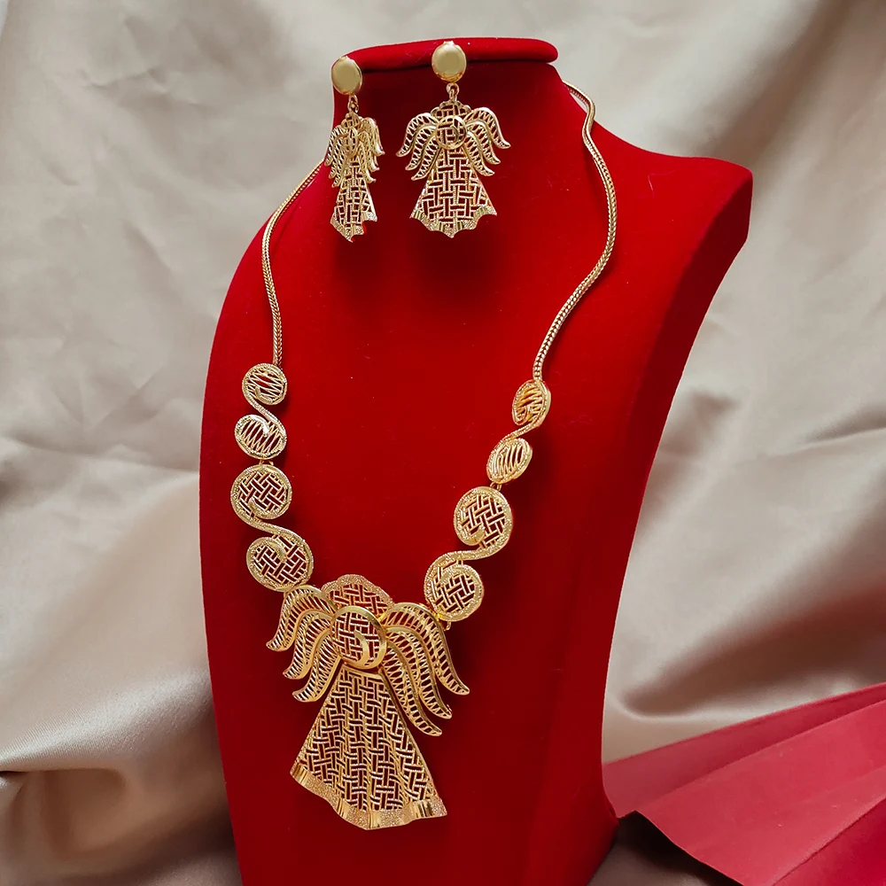 

Dubai Jewelry sets 24K gold plated luxury African wedding gifts bridal bracelet necklace earrings ring jewellery set for women