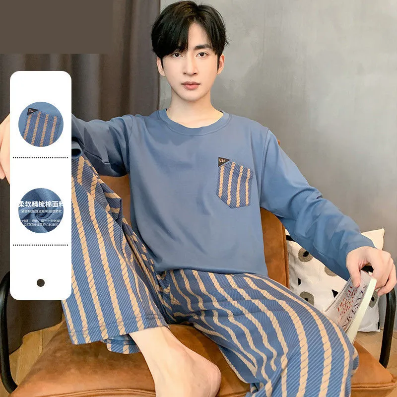 Men's Pajama Set 2023 Spring Autumn New Long Sleeve Striped Cotton Pyjamas Two Piece Korean Elegant Loose Sleepwear Home Clothes